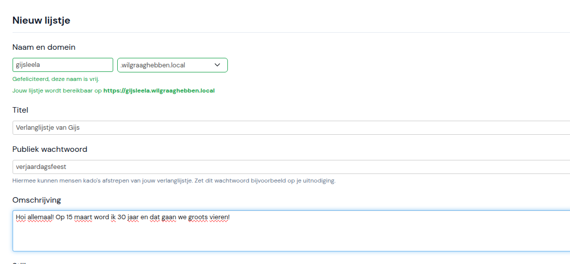 Nieuw verlanglijstje aanmaken met naam, domein en stijlkeuze