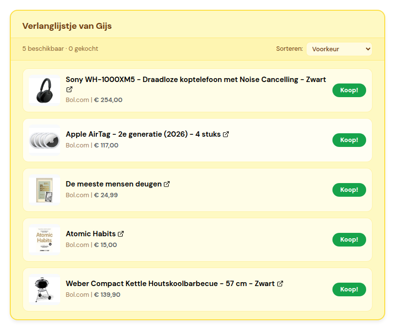 Publiek verlanglijstje waar gasten cadeaus kunnen afstrepen