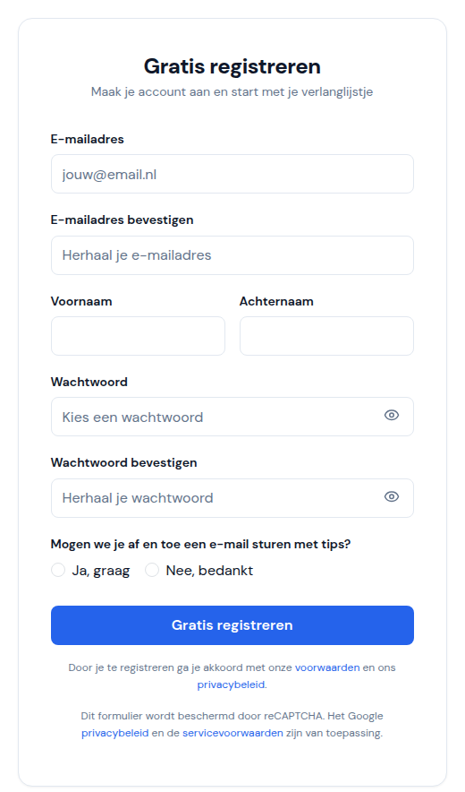 Registratieformulier van Wilgraaghebben - maak gratis een account aan